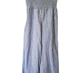Blue and white striped wide leg smocked waist pants